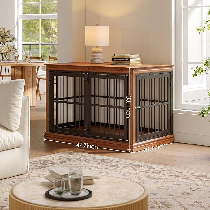 48 in Dog Crate Furniture for Dogs- Solid Wood Large Dog Crate Sideboard and TV Stand, Large Wood Kennel-((Brown+Black)