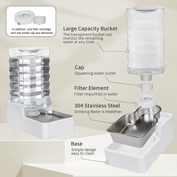 Sfozstra Dog Water Bowl Dispenser: 9L Lagre Automatic Gravity White Pet Water Dispenser - Stainless Steel Bowl - BPA-Free - Two Caps and Filters for Multiple Pets