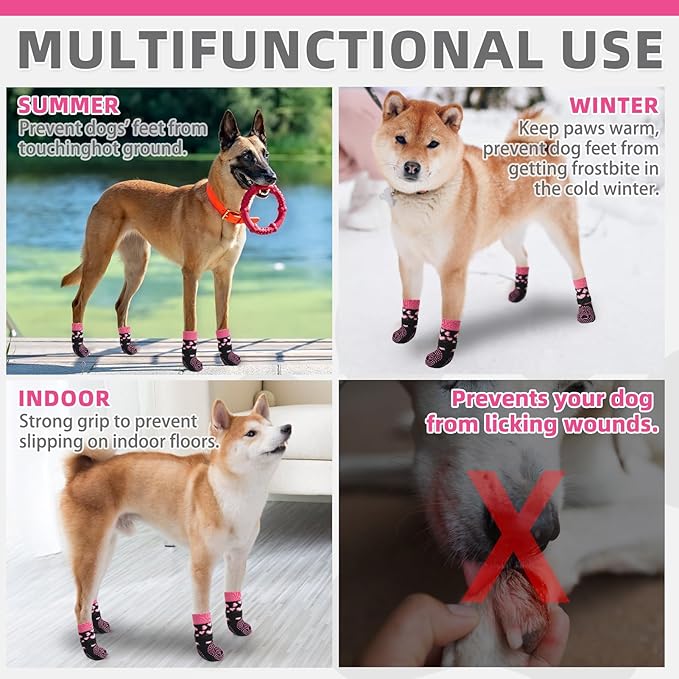 KOOLTAIL Anti Slip Dog Socks for Hot/Cold Pavement to Prevent Licking Paws,Dog Boots&Paw Protector with Grippers for Hardwood Floors,Pink Heart Valentine's Socks Booties for Small Medium Large Dogs SM
