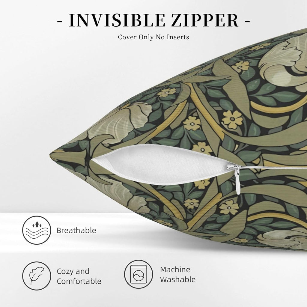 William Morris Green Vintage Floral Pimpernel Design 18x18 inches Throw Pillow Covers Square Pillowcases Decor for Bed Couch Sofa Living Room Cushion Covers