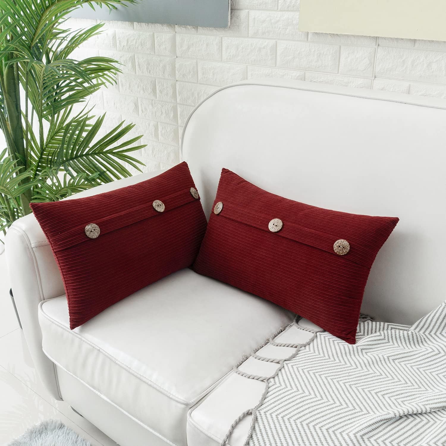 HWY 50 Burgundy Red Chenille Throw Pillow Covers 12x20 Inch with Triple Buttons, Soft Farmhouse Accent Decorative Cushion Cases for Couch Sofa Living Room Pack of 2 Rectangle