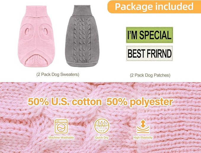 2 Pack Dog Sweaters for Small Dogs - Puppy Medium Warm Clothes in Winter, Turtleneck Pullover Design for Boy Girl Pet, Doggie, Cat, Kitten Chihuahua Bulldog Pug Beagles (XS, Grey, Pink)
