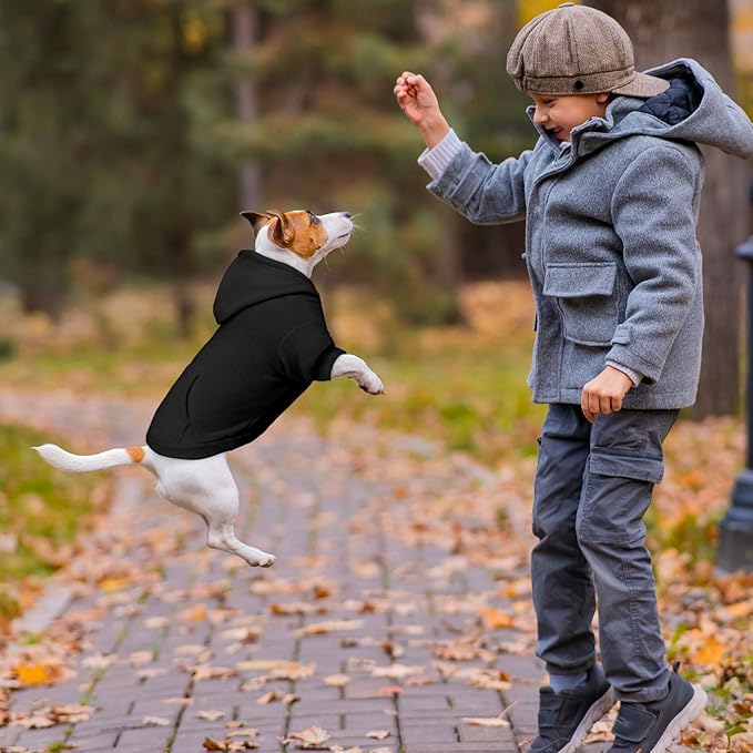 Extra Small Dog Sweater,Dog Hoodie,Warm Fleece Sweatshirt with Hood & Pocket,Leash Hole,Cozy Cold Weather Cat Pet Clothes Puppy Sweater for Small Dogs(Black,XS)