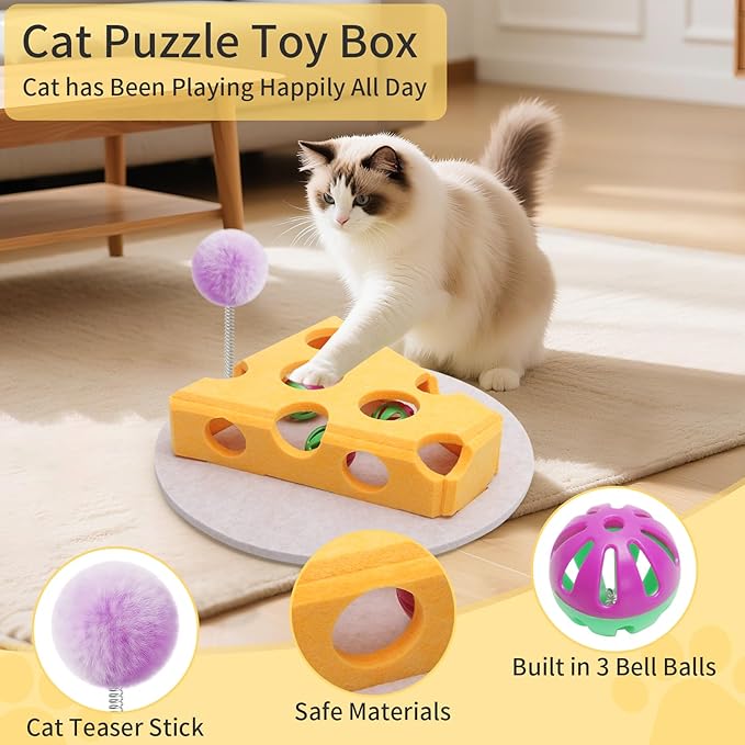 Interactive Felt Cat Toy Box for Indoor Cats,Puzzle Toy with 3 bell Balls & Spring Teaser Pet Games Self Play Fun Exercise Hide Seek Moving Cat Toy for Bored Cats Encourages Hunting Instincts (Yellow)