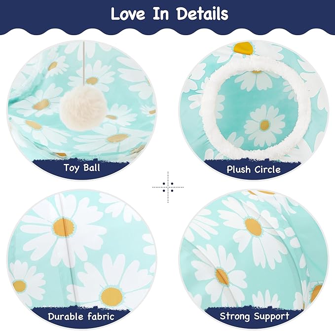 Tempcore Pet Cat Tunnel Tube Cat Toys 3 Way Collapsible, Cat Tunnels for Indoor Cats，Kitty Tunnel Bored Pet Toys Peek Hole Toy Ball, Puppy, Kitty, Kitten, Rabbit Daisy Blue Printed