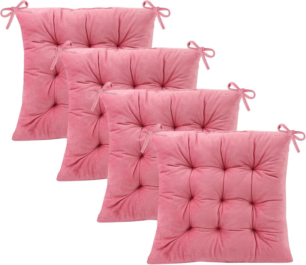 4 Pack Square Seat Cushion Chair Pads for Kitchen Dining Chairs, Soft Comfort Velvet Chair Mat Pillow Cushions with Ties for Office Desk Living Room Tatami 15.5", Pink