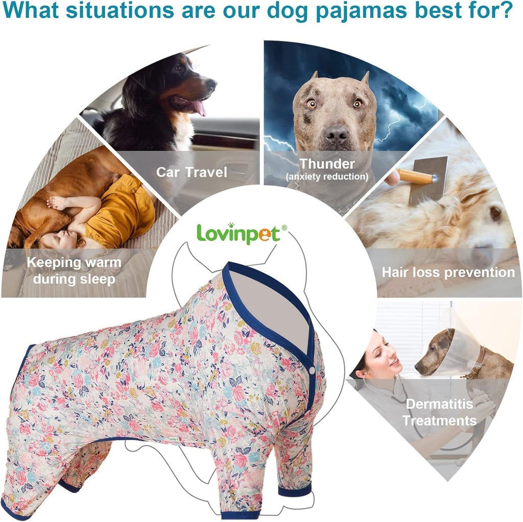 LovinPet Large Dog Pajamas - Anxiety Calming Dog Shirt, Lightweight Fabric, Adorable Spring Flowers Print, Pjs for Large Dogs, Pajamas for Pitbulls, Pitbull Clothes, Pink XL