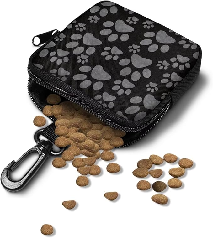KEIAHUAN Paw Print Small Black Treat Pouch for Dog Training Hands-Free Training Dog Treat Pouch Portable Puppy Snack Bag for Treat for Walking Hiking Traveling, Zipper Closure, Black