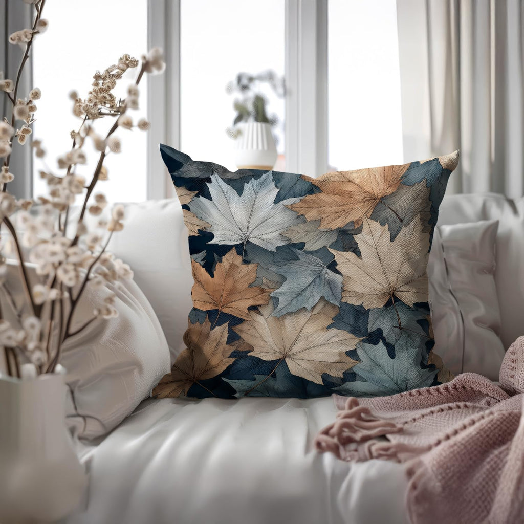 Vintage Boho Leaves Print Throw Pillow Cover, Orange, Blue - Blue Autumn Leaves Decor Pillowcase, Indoor Outdoor Cushion Case for Sofa Couch Bed Living Room Bedroom Home (Yellow leaves, 18x18inch)
