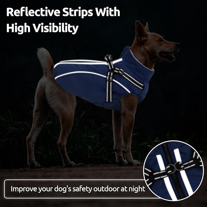 Dog Winter Coat with Harness Built in Warm Puffer Dog Jackets for Small Medium Large Dogs Windproof Waterproof Outfit with Plush Lining and Reflective Stripes (Blue, XS)