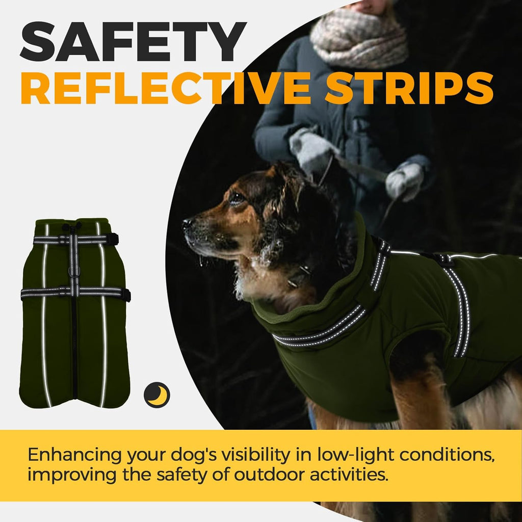 Lelepet Dog Coat for Large Dogs Waterproof Dog Jacket with Harness Built in Reflective Fleece Jacket with Zip Cold Weather Coats for Dogs Cozy Thermal Pet Snowsuit, Weimaraner, Army Green, XXL