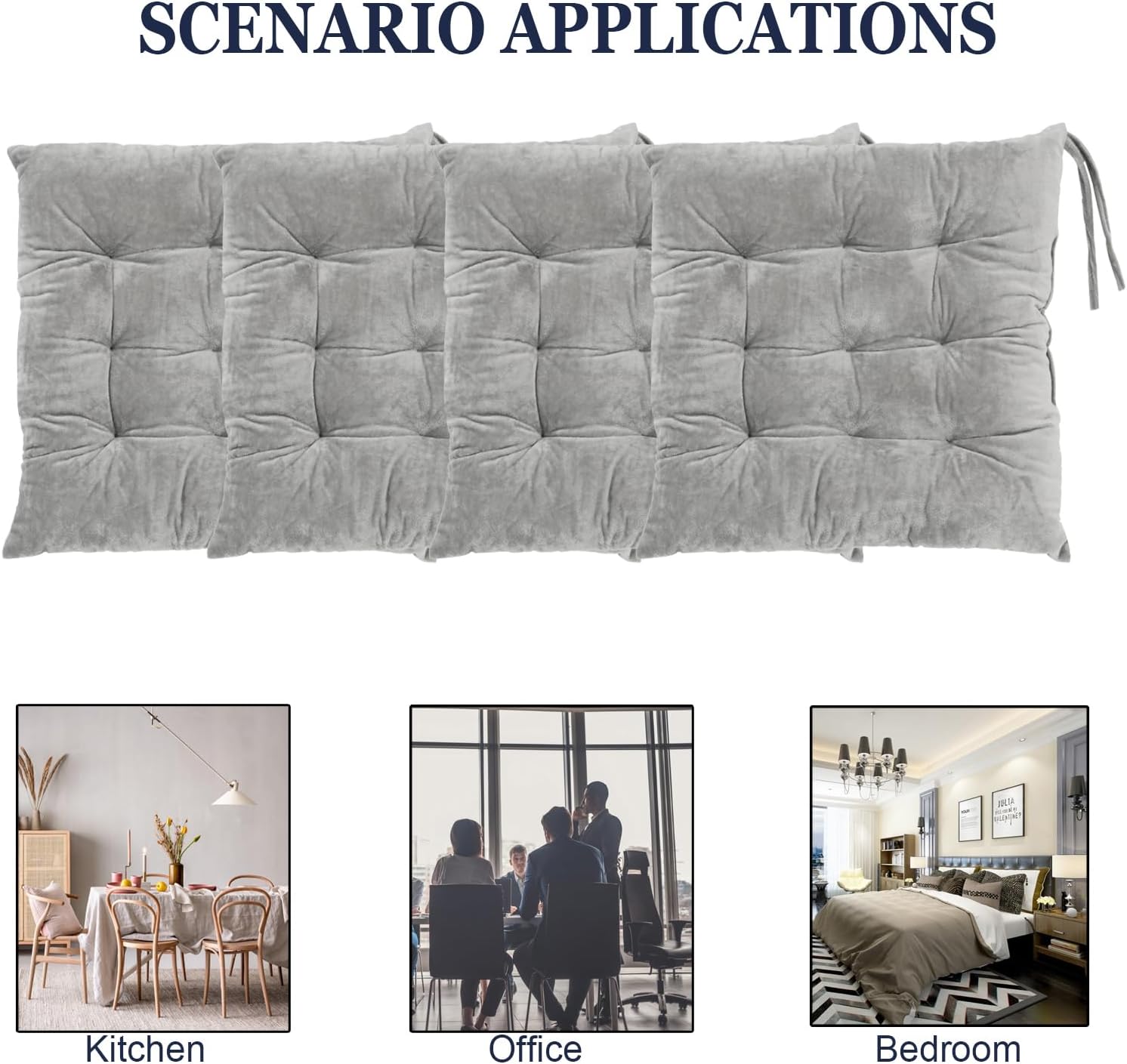 Set of 4 Square Chair Pads Indoor Seat Cushions Pillows with Ties Soft Comfortable Non Slip Chair Mat for Kitchen Dining Office Desk Living Room Outdoor Tatami 15.5" - Gray