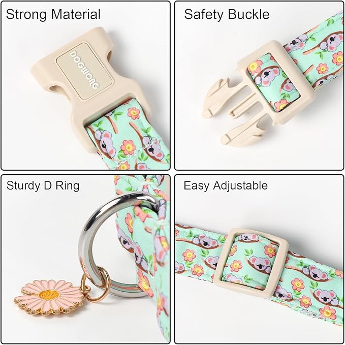 DOGWONG Summer Koala Dog Collar, Green Pink Flower Dog Collars, Adjustable Cute Pet Collars Boy Girl Design Dog Collar for Small Medium Large Dogs