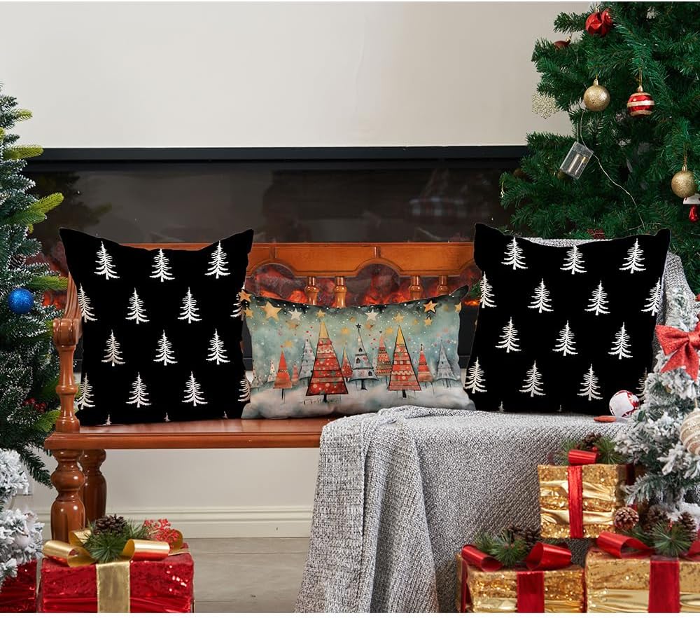 DFXSZ Christmas Pillow Covers 18x18 inch Set of 2 Christmas Tree Decorative Black Throw Pillow Covers Winter Famliy Decoration for Home Couch TH-30D18