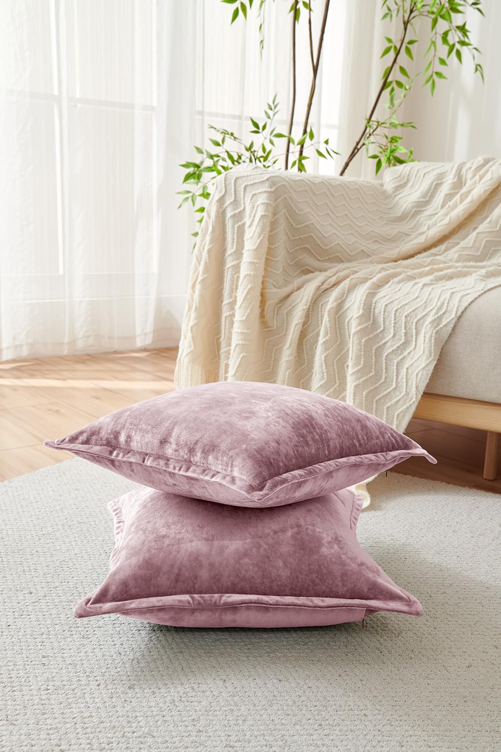 Luxurious Velvet Euro Shams Decorative Throw Pillow Covers 26x26 Set of 2 Solid Square Euro Pillow Shams for Sofa Couch Bedroom, Mauve