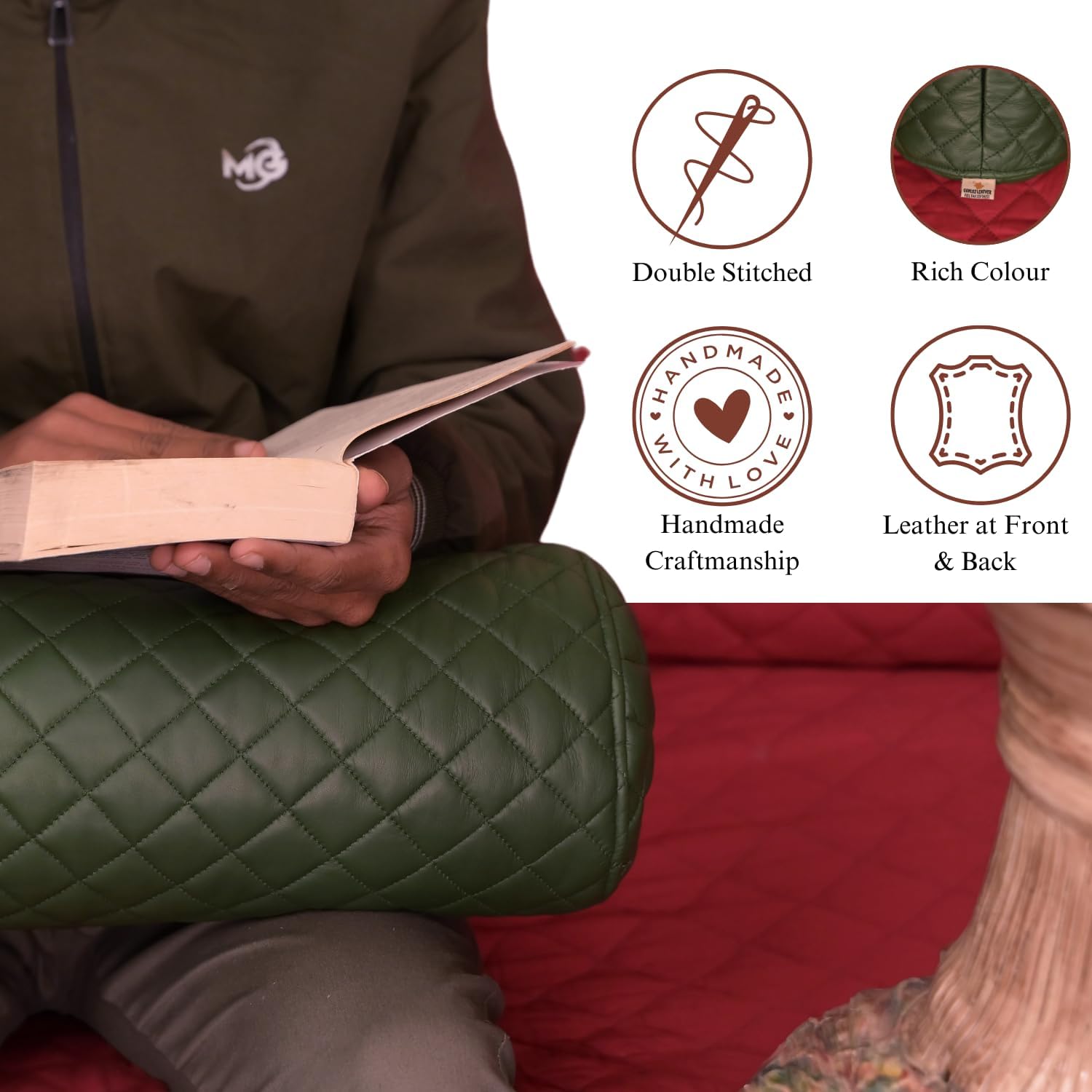 Neck Roll Pillow Cushion Cover, 24x7 Inch Full Moon Round Bolster Pillow Case, Cylinder Soft Lambskin Leather Pillowcase for Head, Spine & Neck Support During Sleep - Quilted Dark Green Pack of 1