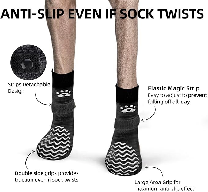 PUPTECK Anti Slip Dog Socks 2 Pairs with Double Grippers for Hardwood Floors, Shoes for Hot/Cold Pavement, Boots & Paws Protectors to Prevent Licking, Traction Booties for Senior Small Large Dogs