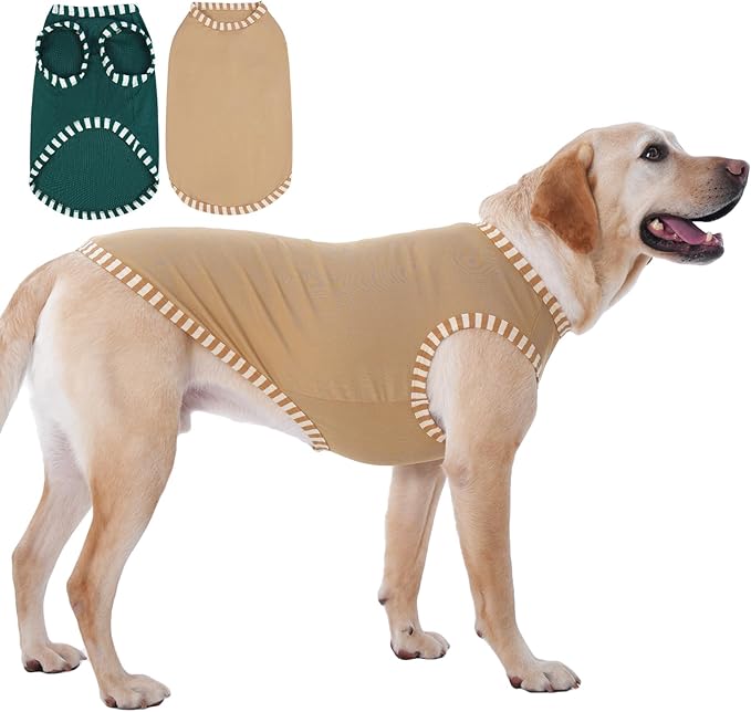 IECOii 2 Pack Large Dog T-Shirt | Non-Restrictive Fit for Running, Breathable Summer Wear - Non-stuffy Design - Keeps Pups Comfortable in Hot Weather, Khaki+Green, 2XL