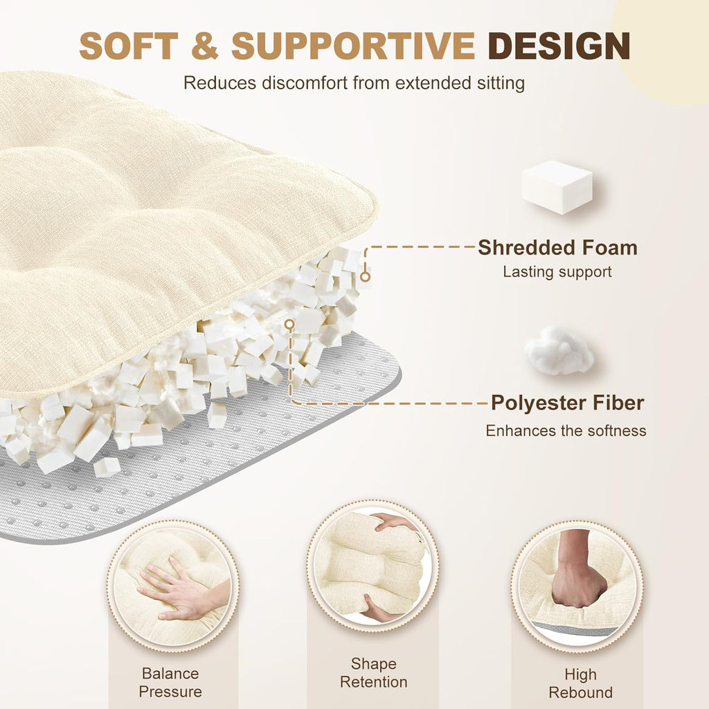 downluxe Indoor Chair Cushions for Dining Chairs, Tufted Overstuffed Textured Foam Kitchen Chair Pads with Ties and Non-Slip Backing, 15.5" x 15.5" x 4", Beige, 4 Pack