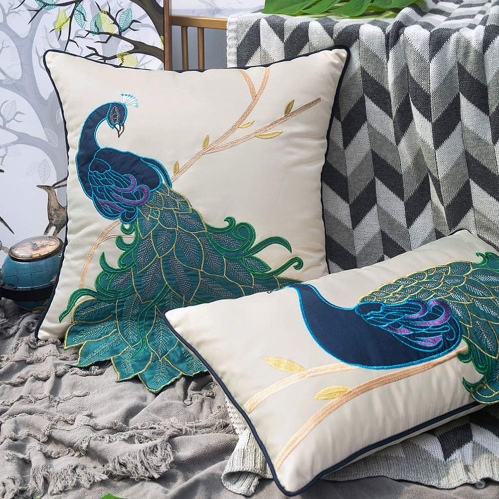 vctops Embroidered Peacock Decorative Throw Pillow Case Silky Satin Cushion Cover Peacock 3 12"X20"