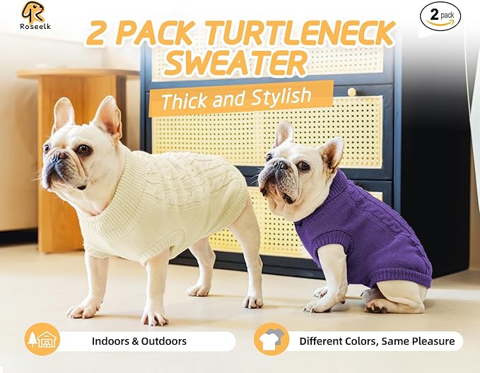 2 Pack Dog Sweaters for Small Dogs - Puppy Medium Warm Clothes in Winter, Turtleneck Pullover Design for Boy Girl Pet, Doggie, Cat, Kitten Chihuahua Bulldog Pug Beagles (M, Purple, Beige)