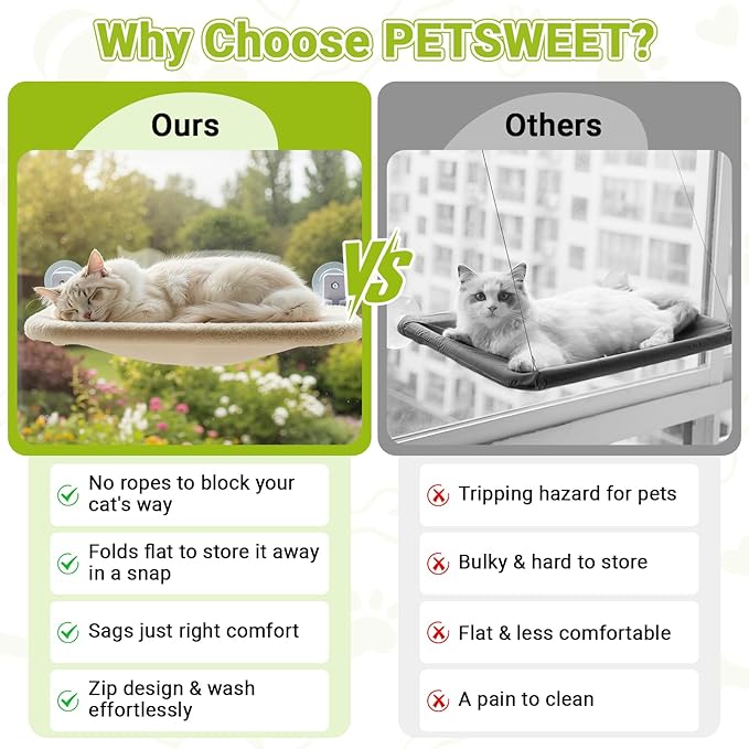 Cordless Cat Window Perch, Foldable Cats Hammock Window Bed with Metal Frame, Soft Cover, Large Suction Cups, Indoor Kitten Window Resting Seat for Spring/Fall, Creamy
