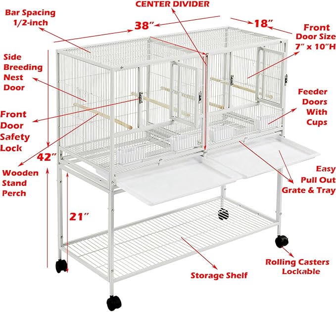 Combo Breeding Stacker Center Divided Breeder Bird Flight Double Rolling Cage Side Breeding Nest Door Feeder Doors with Water Food Cups Natural Wood Perch Easy Clean Pull Out Tray