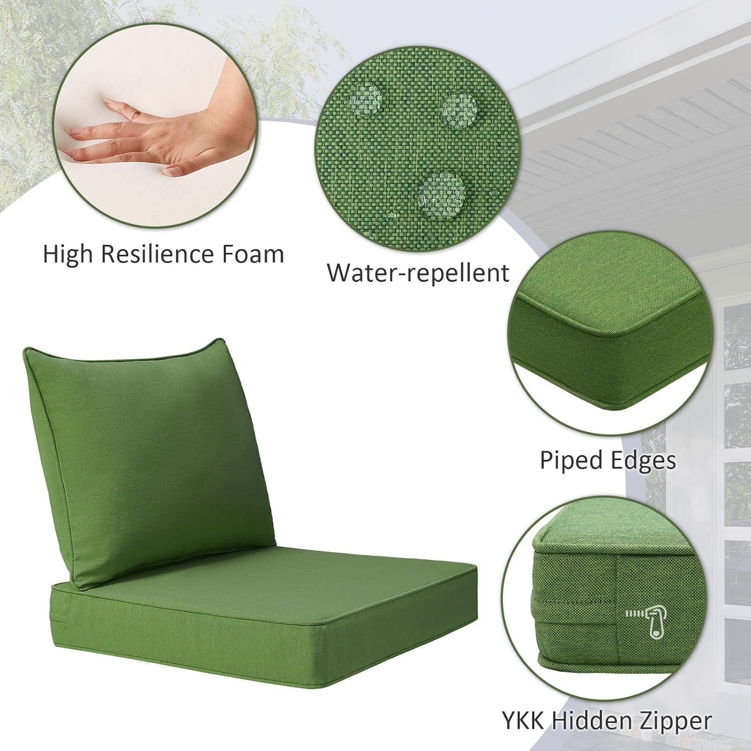 Outdoor Patio Chair Cushions Set, 24" x 24", Set of 2, Water-Repellent, Fade Resistant, Deep Seat Bottom and Back Cushion for Backyard, Couch, Sofa and Patio Furniture, Lawn Green
