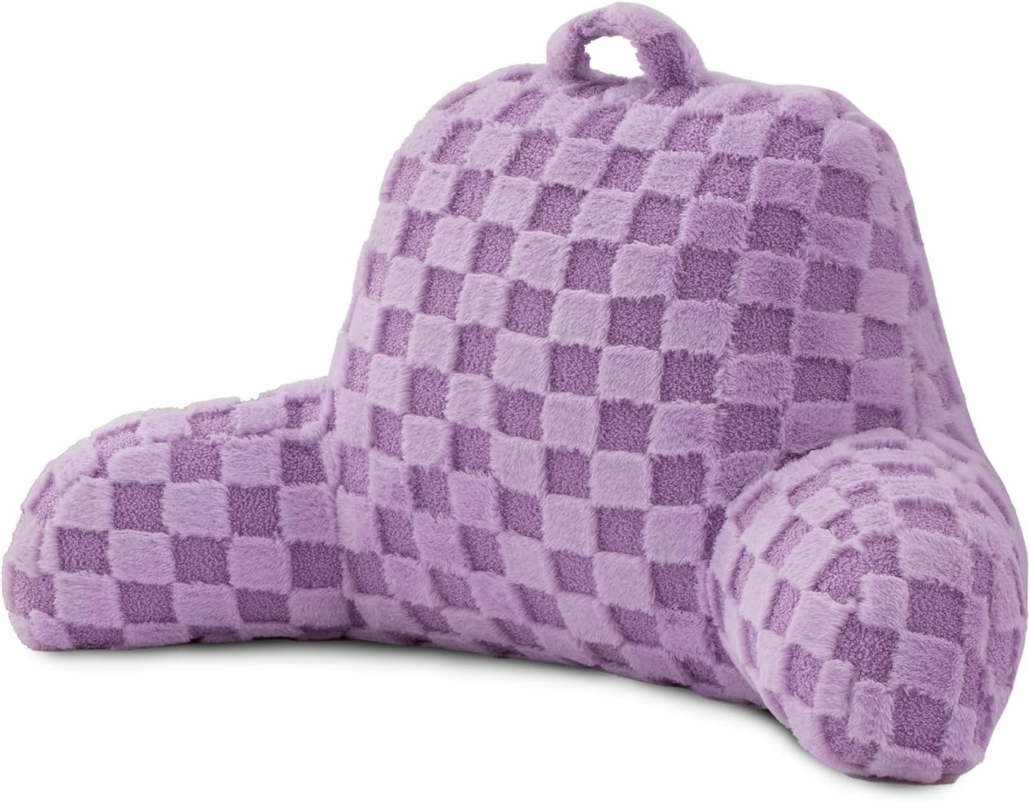 A Nice Night Faux Fur Reading Pillow,Checkered Fluffy Grid Plaid,Bed Wedge Pillow Large Adult Children Backrest with Arms for Bedrest,Purple