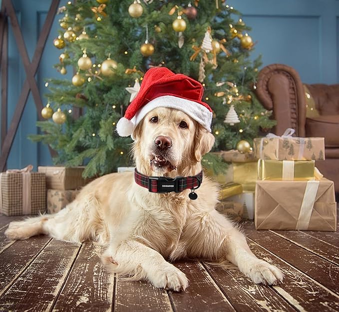 DOGWONG Cotton Christmas Dog Collar, Heavy-Duty Christmas Red Plaid Dog Collar Durable Soft Natural Fabric Pet Dog Collars Cute Holiday Puppy Necklace for Medium Large Dogs,Medium