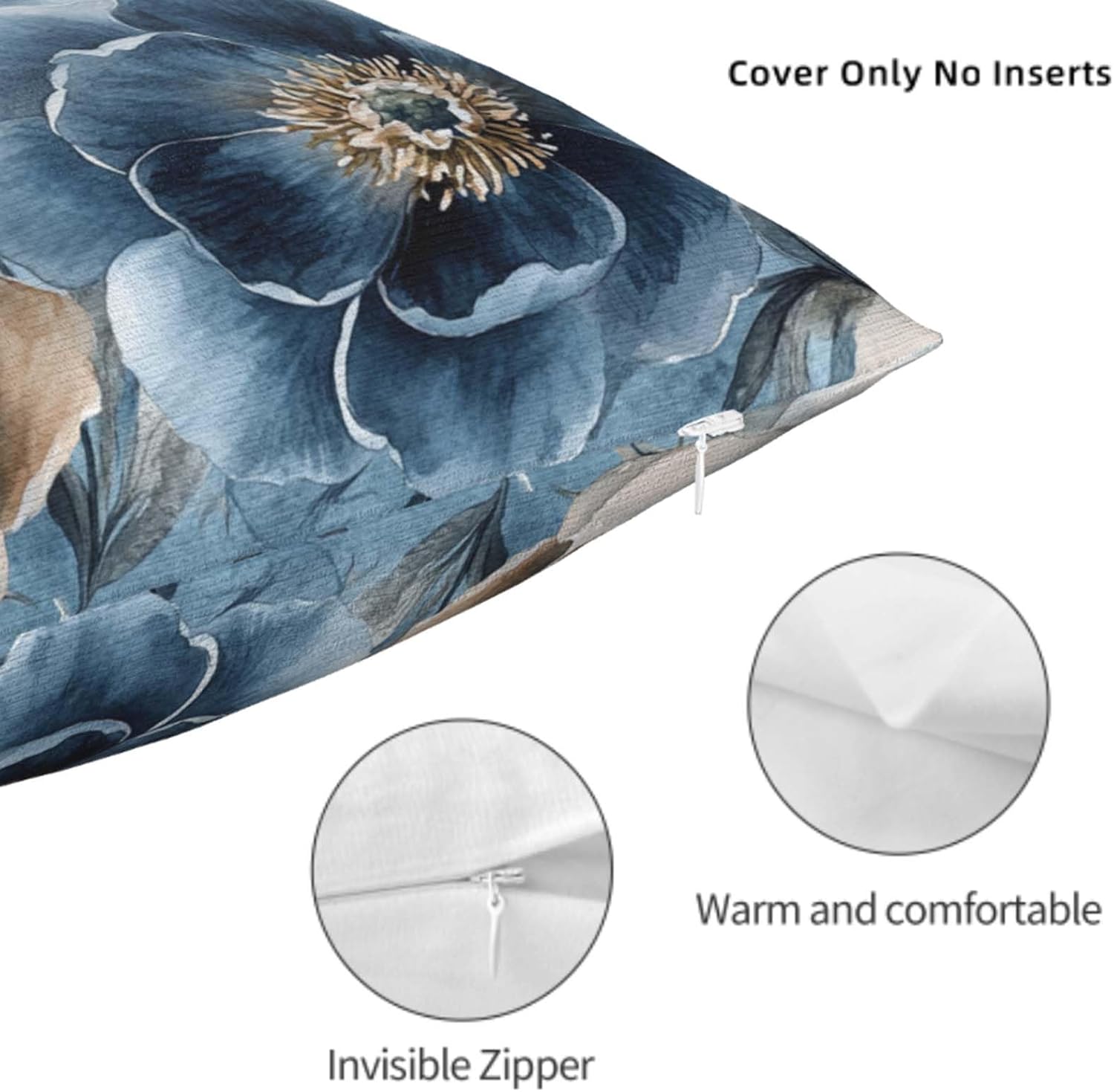 Throw Pillow Covers 18x18 Set of 2, Blue Floral Cushion Covers, Decorative Square Pillowcases for Couch, Bedroom, Living Room