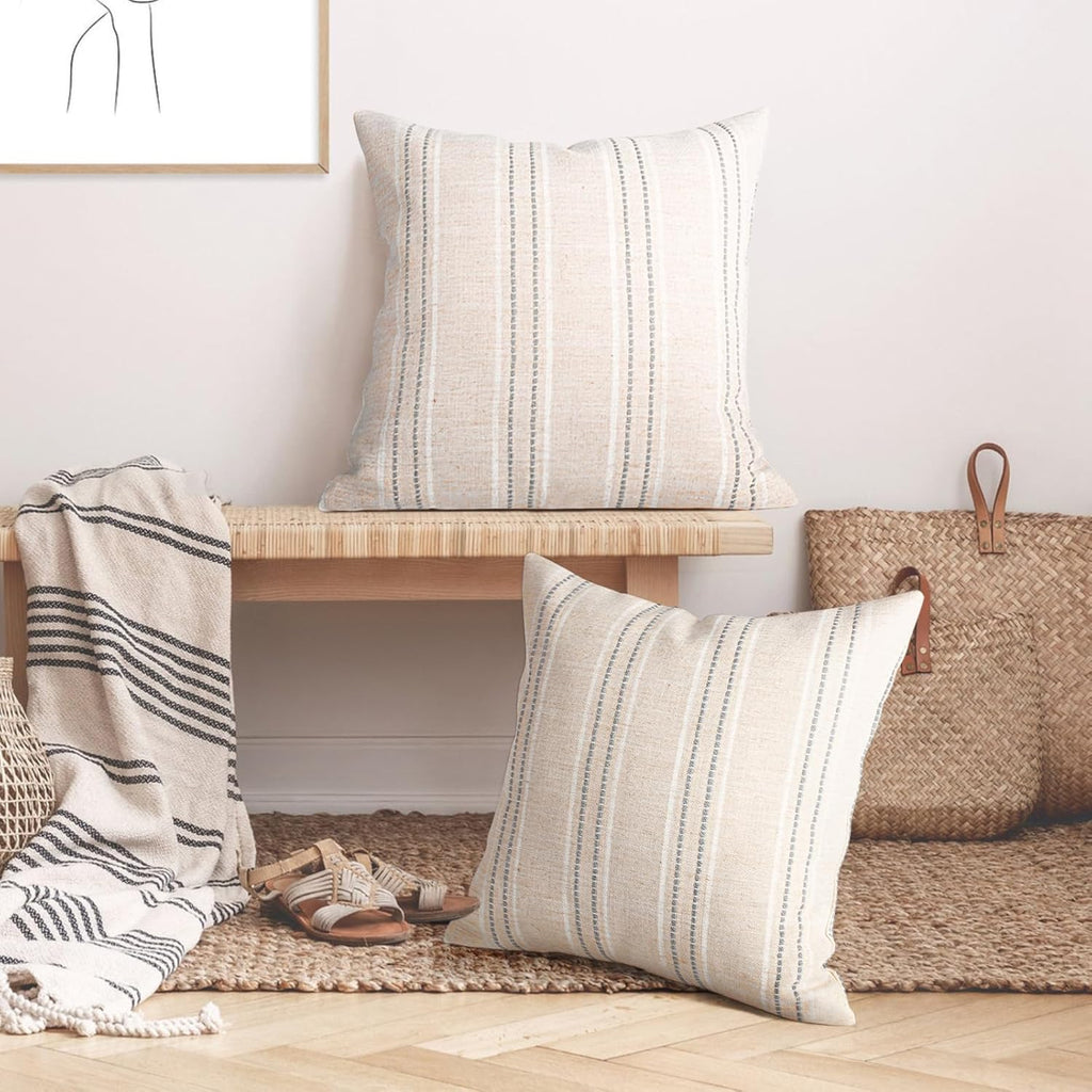 AELS 24x24 Decorative Farmhouse Linen Throw Pillow Covers, Boho Textured Pillow Case, Set of 2, Beige with White & Gray Stitch Yarn Dyed Stripe Cushion Cover for Sofa Couch Living Room (Cover ONLY)