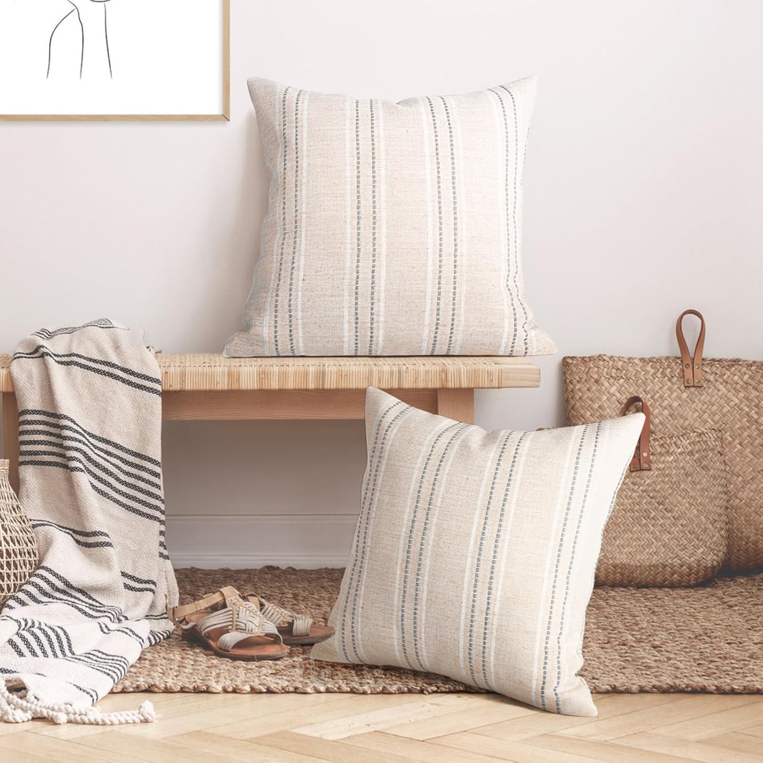 AELS 24x24 Decorative Farmhouse Linen Throw Pillow Covers, Boho Textured Pillow Case, Set of 2, Beige with White & Gray Stitch Yarn Dyed Stripe Cushion Cover for Sofa Couch Living Room (Cover ONLY)