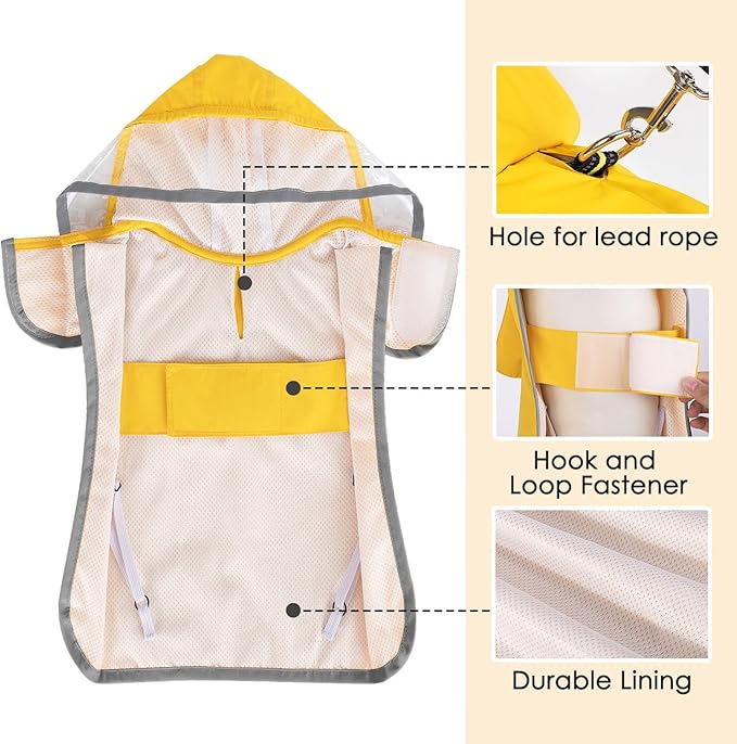 SlowTon Dog Raincoat, Adjustable Dog Rain Jacket Clear Hooded Double Layer, Waterproof Poncho with Reflective Strip Straps and Storage Pocket for Small Medium Large Dogs(XS)