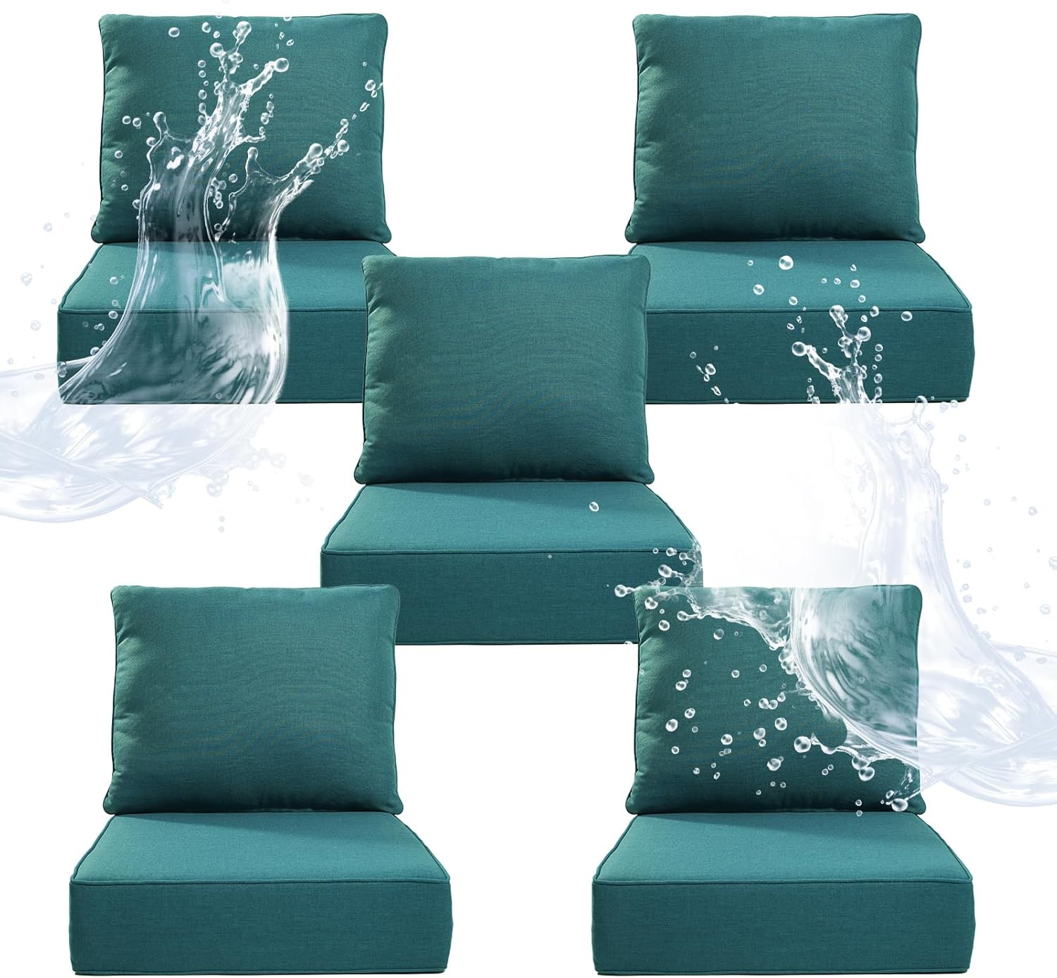 6" Thicker Outdoor Chair Cushion 5 Sets - 24" *24" *6" Waterproof Patio Furniture Cushions with Removable Cover, 28D High Density Sponge Filling Thicken Outdoor Patio Cushions - Peacock Blue