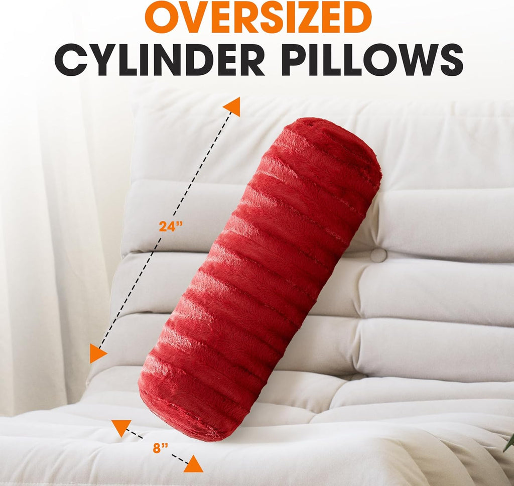 Cheer Collection Faux Fur Bolster Pillows – Soft Decorative Cylinder Pillows for Bed or Couch, Machine Washable – 8” x 24”, Set of 2, Maroon