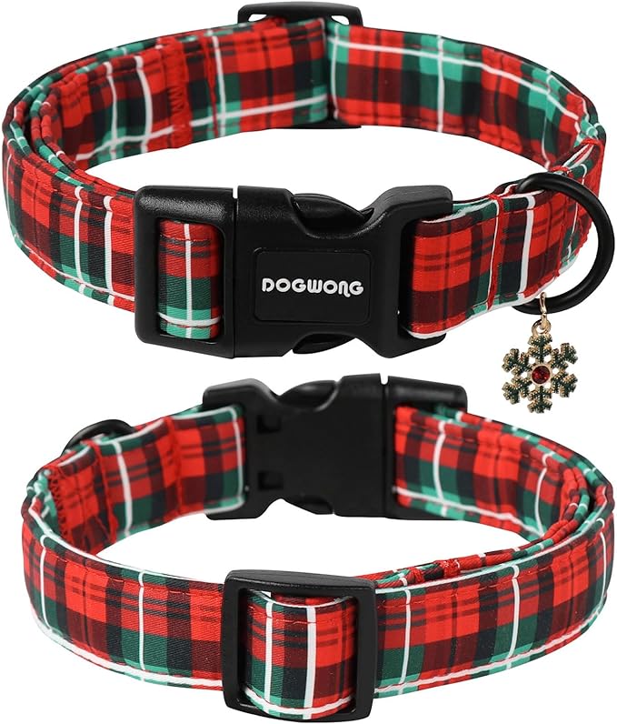 DOGWONG Christmas Plaid Dog Collar- Cute Red Christmas Checked Dog Collars for Small Medium Large Dogs XL