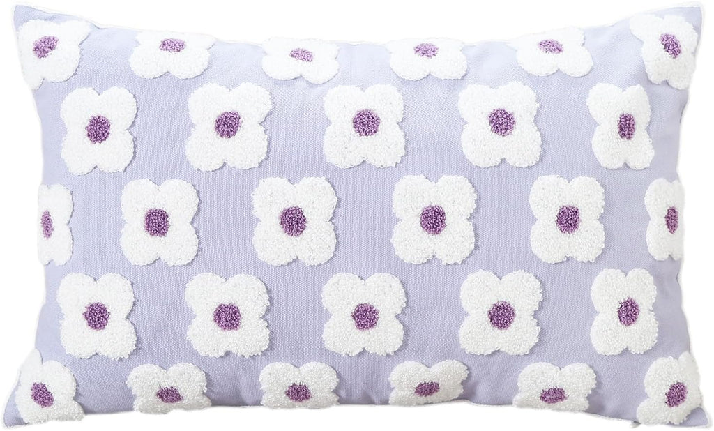 DECOBIRD Embroidery Throw Pillow Cover 12x20 Light Purple Floral Design Home Decor Loop Embroidered Pillow Case Thick Cotton Canvas Square Cushion Cover for Couch 30x50cm, 4 Petal Flowers 1 Piece