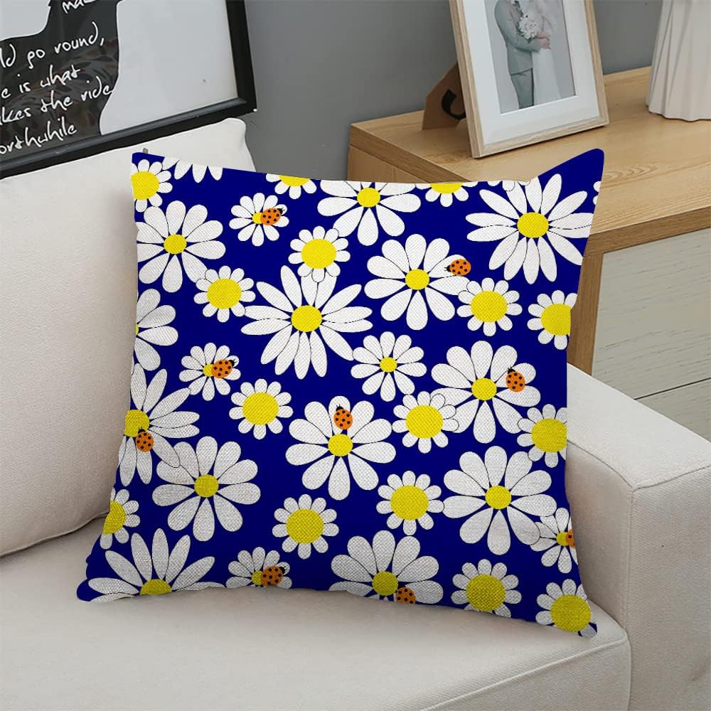 Decorative Square Throw Pillow Covers Daisies and Ladybugs Couch Sofa Bed Pillow Covers Cushion Cases 18x18 inch