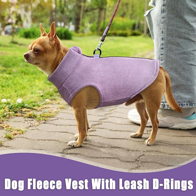Idepet Dog Fleece Vest Sweater Zip Up Warm Pullover Dogs Jacket with D-Ring Leash Winter Cold Weater Coat Pet Sweatershirt Clothes Hoodie for Small Medium Dogs Boy Girl (Purple, XXS)