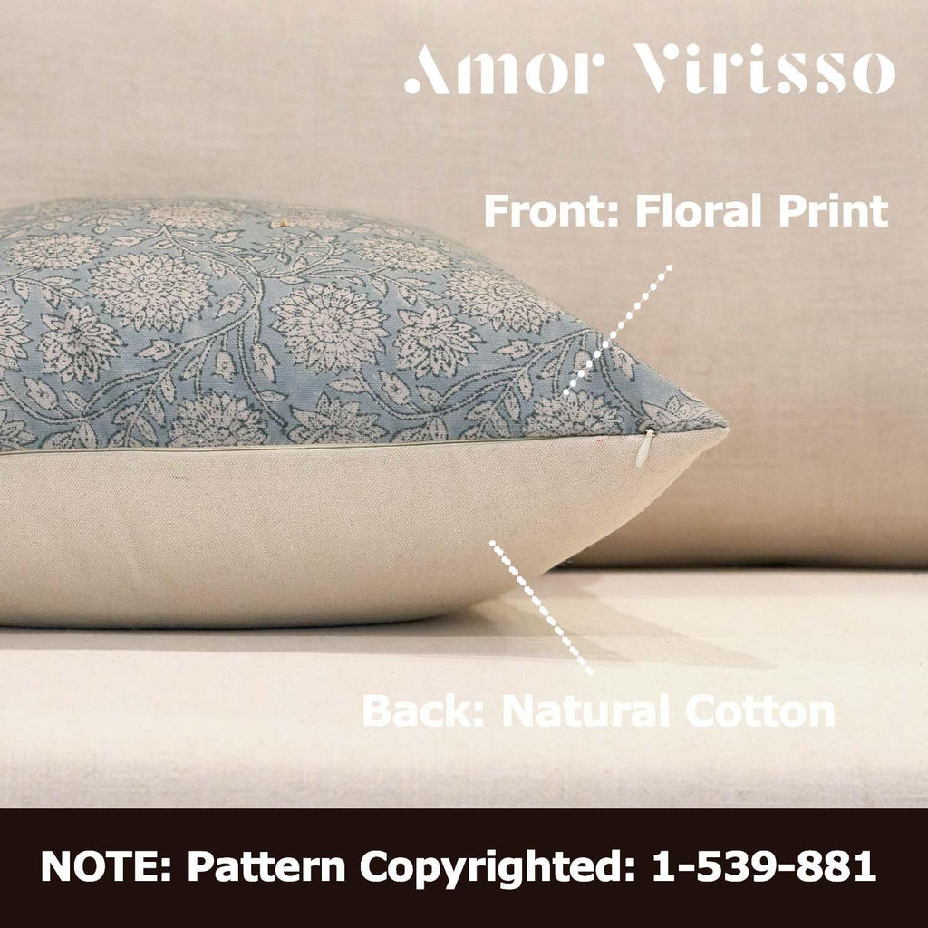 Amor Virisso Floral Throw Pillow Covers 20x20 Block Print Pillow Covers Vintage Neutral Couch Pillows for Living Room Farmhouse Decorative Accent Sofa Pillows, Light Blue