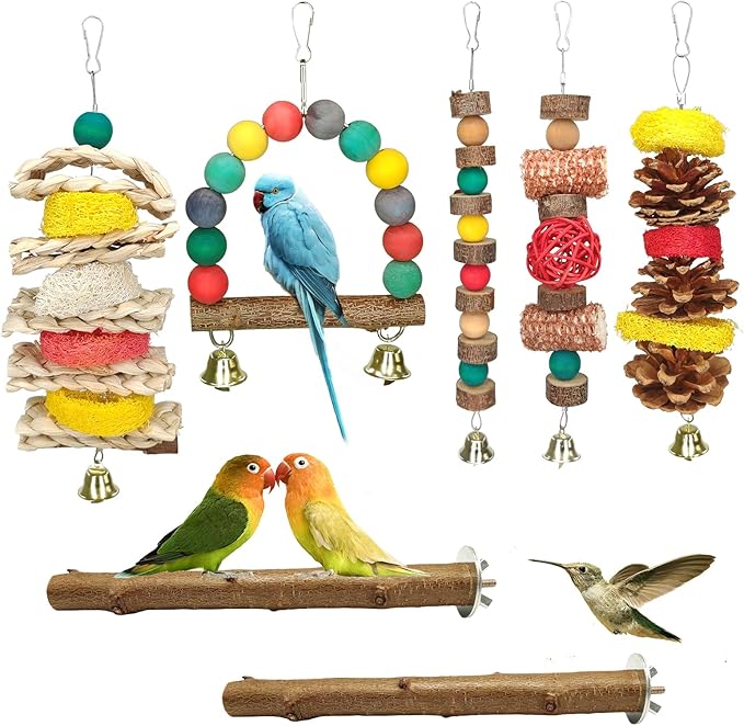 Natural Wood Bird Chew Toys, 7 Pack Hanging Parrot Cage Perch Stand for Parakeet, Cockatiel, Lovebird, Budgie