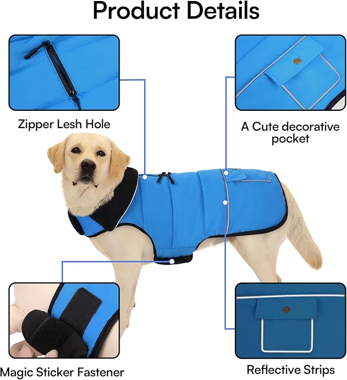 Dog Coat, Large Dog Jacket, Windproof Dogs Puffer Jacket, Fleece Lined Warm Dogs Winter Coat with Harness Hole(Blue 3XL)