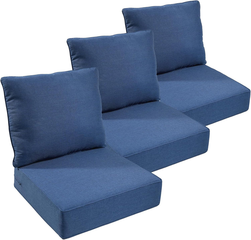 Outdoor Chair Cushions Set of 3, Waterproof 24x24 Patio Chair Cushion, 6" Thickened Seat Cushion for Outdoor Furniture, Couch Cushion Replacement, Include 3 Back & 3 Seat Cushions, Thick/Blue