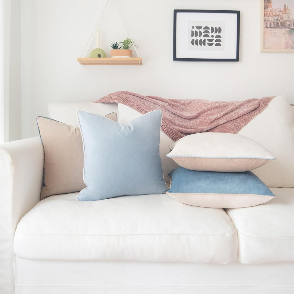 MONDAY MOOSE Decorative Throw Pillow Covers Cushion Cases, Set of 4 Soft Velvet Modern Double-Sided Designs, Mix and Match for Home Decor, Pillow Inserts Not Included (22x22 inch, Beige/Light Blue)