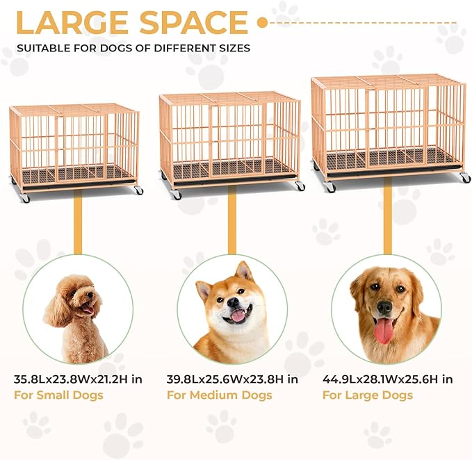48 in Orange Heavy Duty Dog Crate Steel Escape Proof, Indoor Double Doors and Lockable Wheels,Removable Tray, for Medium and Large Large Dog Breeds,XL,XXL