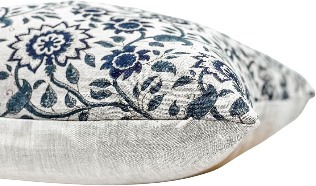 Designer Floral Print on Natural Linen Pillow Cover, Blue Pillow, Boho Pillow Cover, Decorative Throw Pillow, Navy Blue Pillow Cover, Dark Blue Pillow Cover (Navy Blue, 22x22)