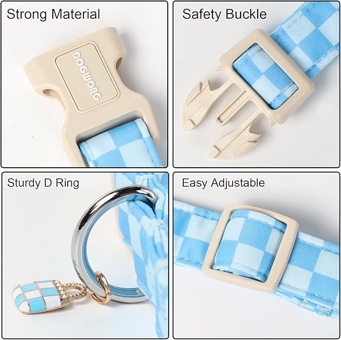 DOGWONG Blue Checkered Dog Collar, Blue Plaid Dog Collars, Adjustable Cute Boy Pet Collars Girl Design Dog Collar for Small Medium Large Dogs