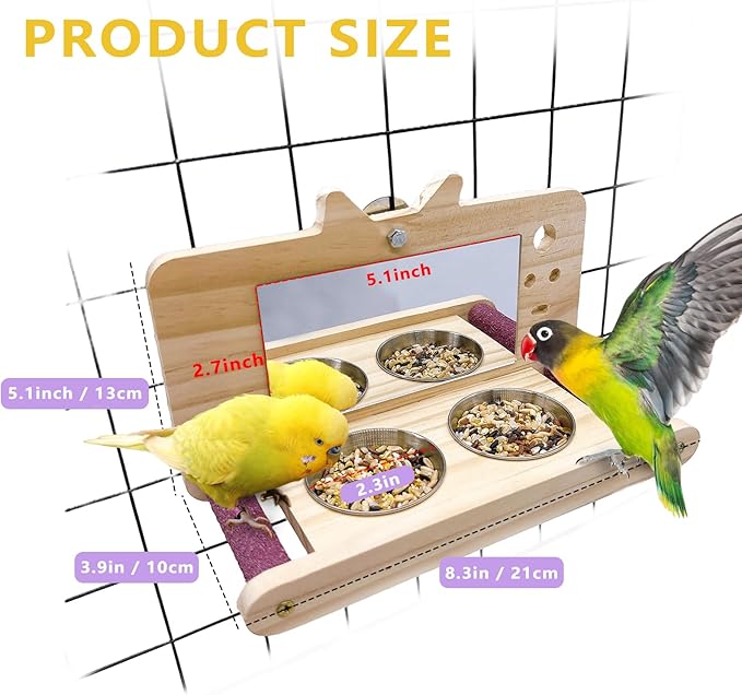 Bird Mirror Parrot Perch with Mirror and Feeding Cups Parrot Cage Swing Wooden Mirror Fun Play Toy for Lovebird Parakeets Conures Cockatiels