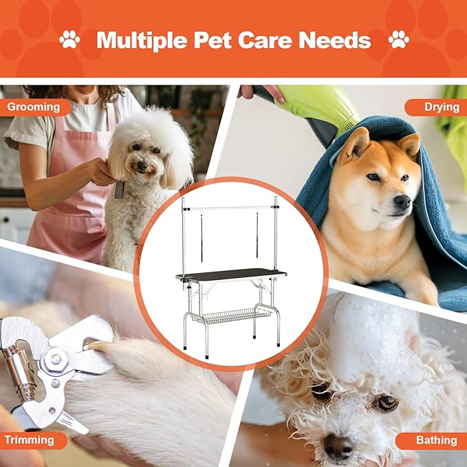 46'' Dog Grooming Table for Large Dogs, Foldable Professional Grooming Table for Dogs at Home with Double Loops/Mesh Tray/Adjustable Arm, Capacity up to 330lbs, Black